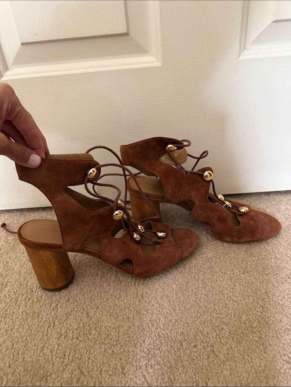 Rebecca Minkoff Brown Suede Lace-Up Block Heel Sandals